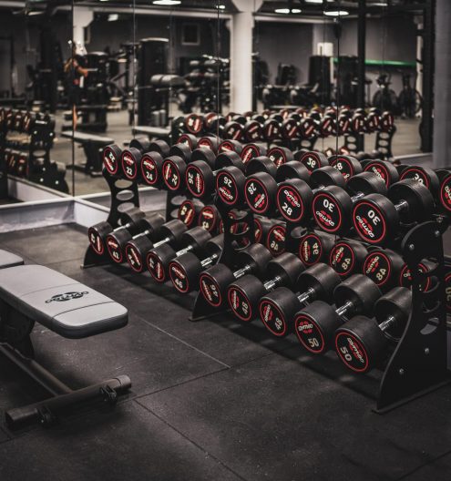 Großer Freihantelbereich mit Kurzhanteln und mobilen Bänken im Kraftwerk Mittelbiberach.